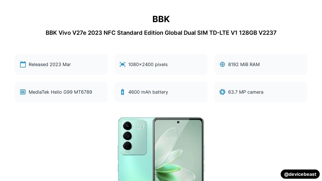 BBK Vivo V27e 2023 NFC Standard Edition Global Dual SIM TD-LTE V1 128GB ...