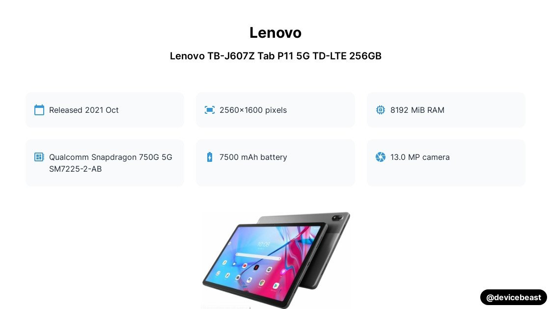 Lenovo TB-J607Z Tab P11 5G TD-LTE 256GB Full Device Specifications ...