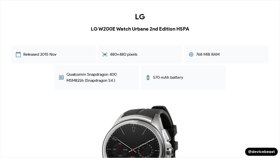 LG W200E Watch Urbane 2nd Edition HSPA Full Device Specifications |  DeviceBeast.com