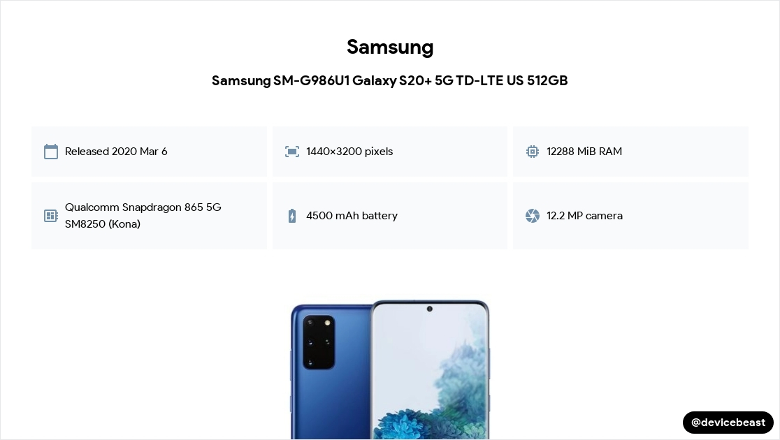 Samsung SM-G986U1 Galaxy S20+ 5G TD-LTE US 512GB Full Device Specifications  | DeviceBeast.com