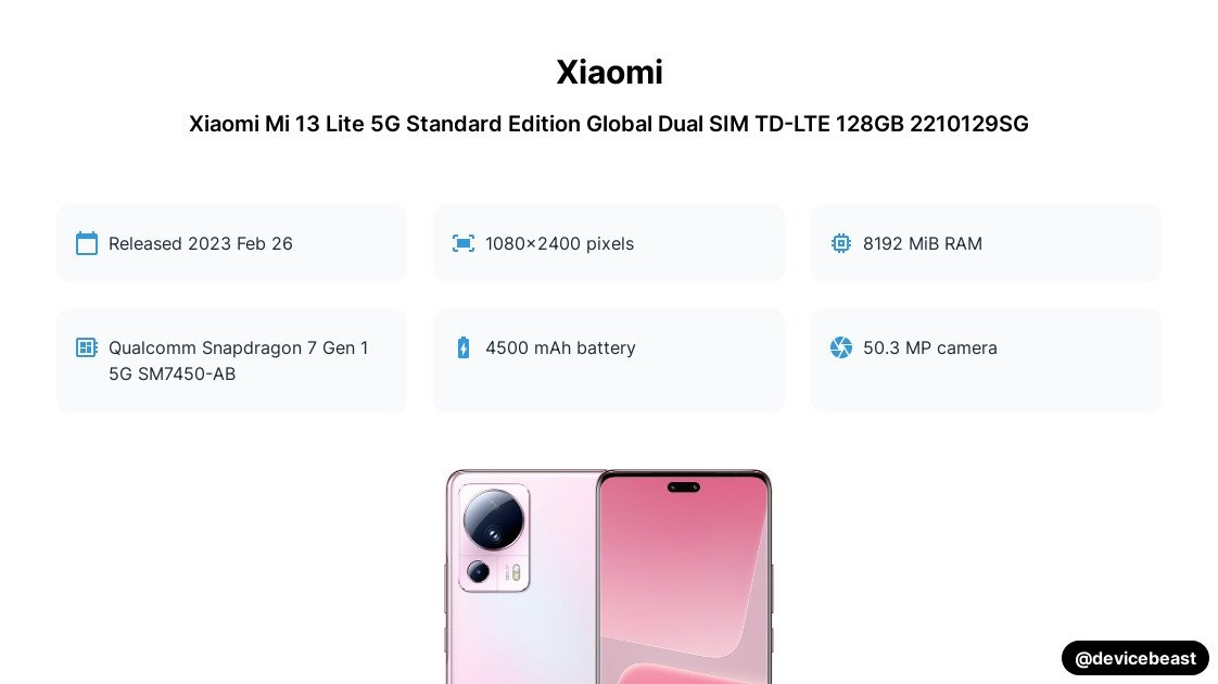 Xiaomi Mi 13 Lite 5G Standard Edition Global Dual SIM TD-LTE 128GB ...