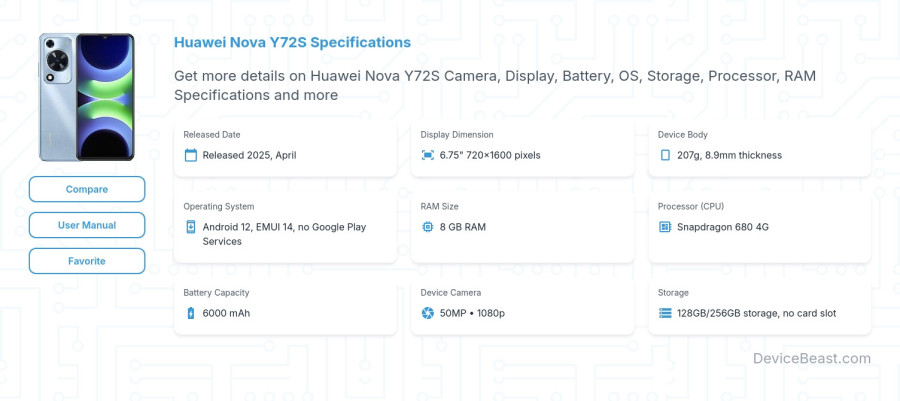 Huawei Nova Y72S specifications overview cover