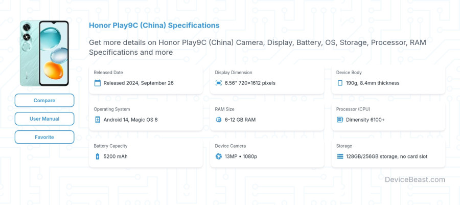 Honor Play9C (China) specifications overview cover