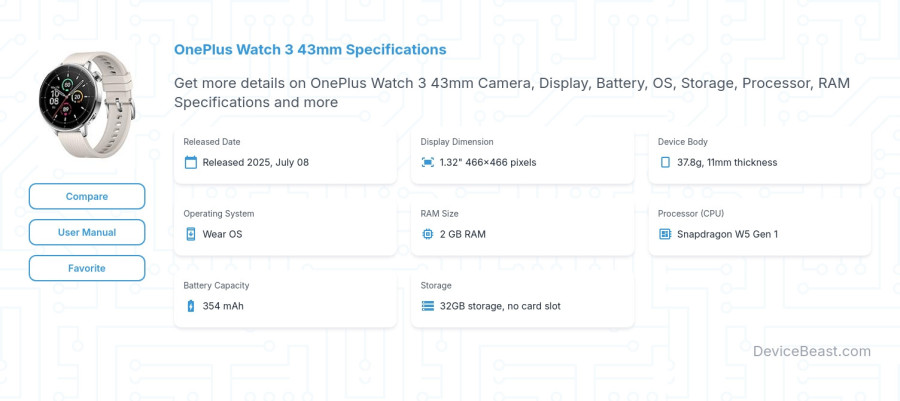 OnePlus Watch 3 43mm specifications overview cover