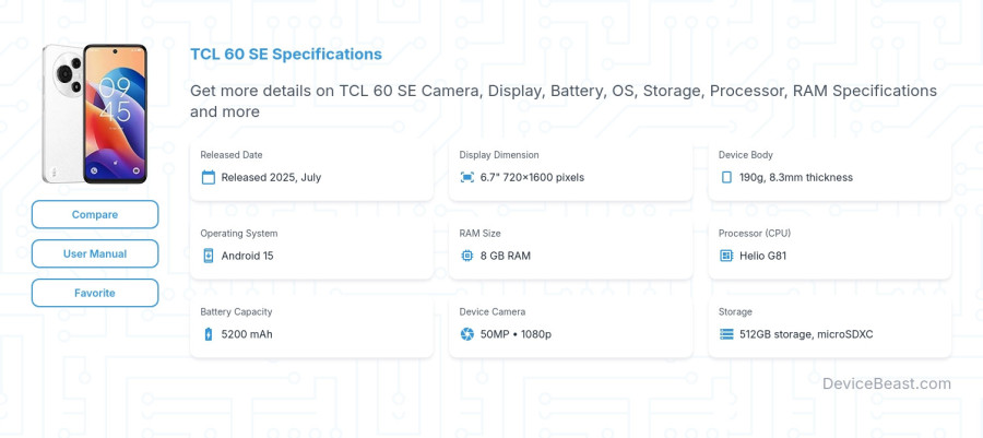 TCL 60 SE specifications overview cover