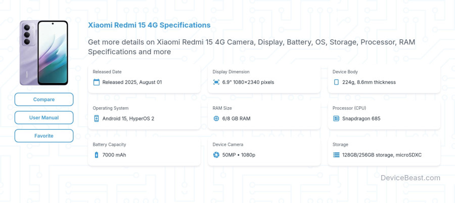 Xiaomi Redmi 15 4G specifications overview cover