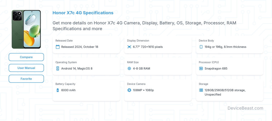 Honor X7c 4G specifications overview cover
