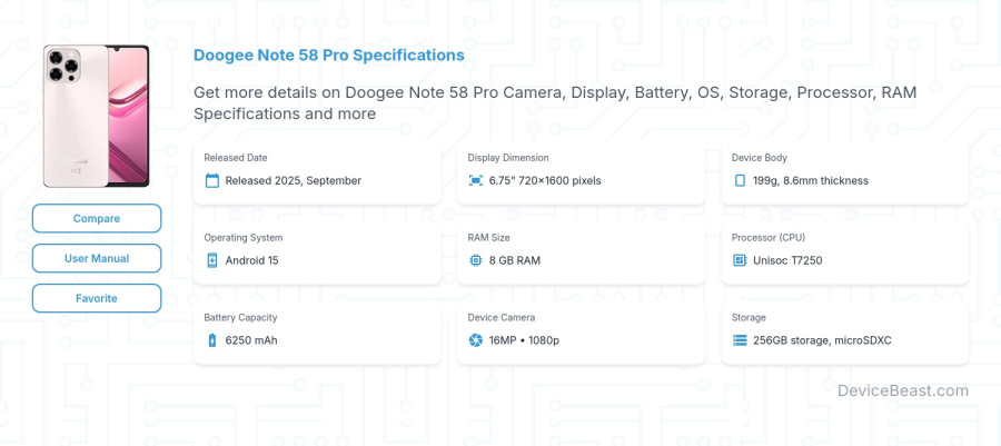 Doogee Note 58 Pro specifications overview cover