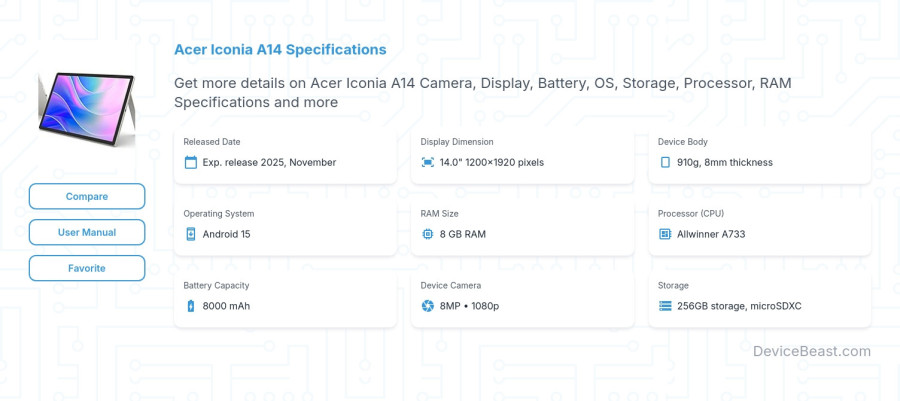 Acer Iconia A14 specifications overview cover