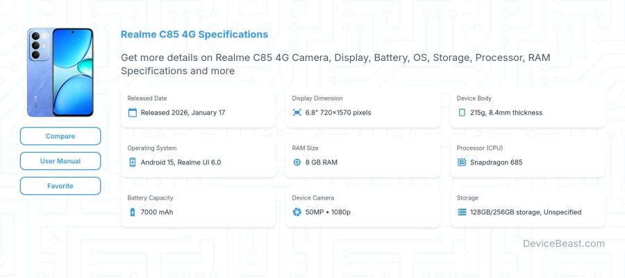 Realme C85 4G specifications overview cover