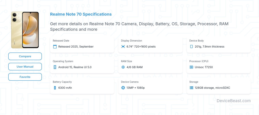 Realme Note 70 specifications overview cover