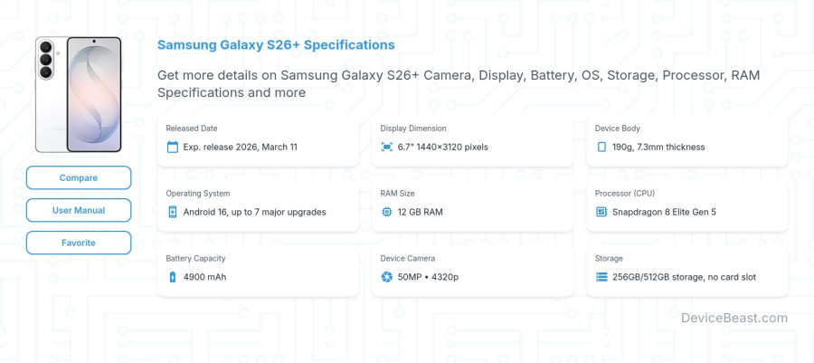 Samsung Galaxy S26+ specifications overview cover