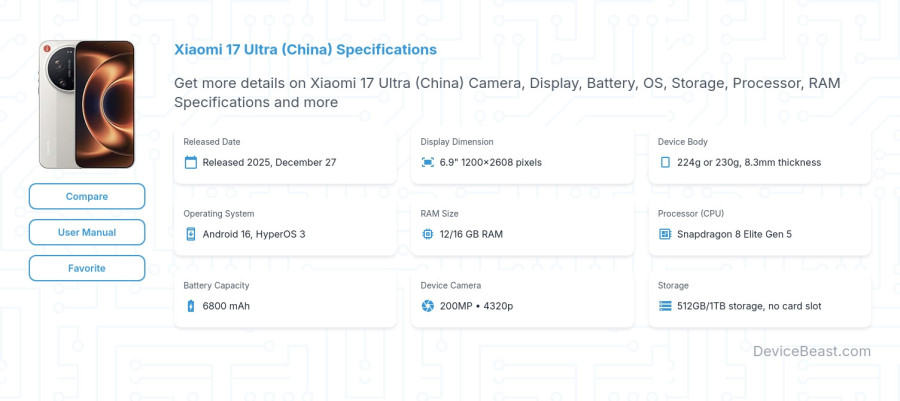 Xiaomi 17 Ultra (China) specifications overview cover