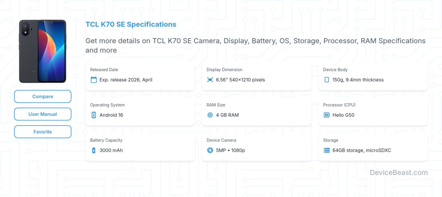 TCL K70 SE specifications overview cover