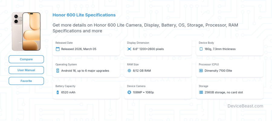 Honor 600 Lite specifications overview cover