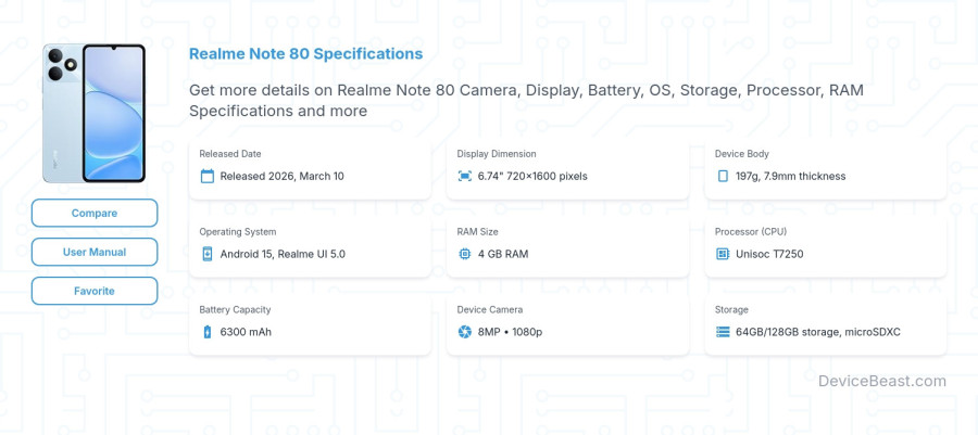Realme Note 80 specifications overview cover
