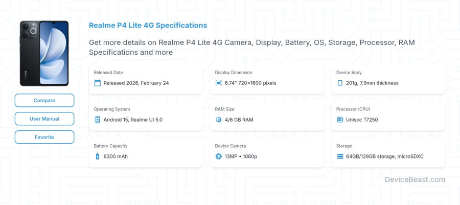 Realme P4 Lite 4G specifications overview cover