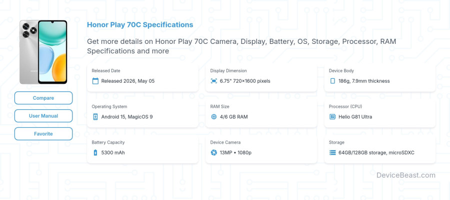 Honor Play 70C specifications overview cover