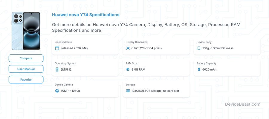 Huawei nova Y74 specifications overview cover